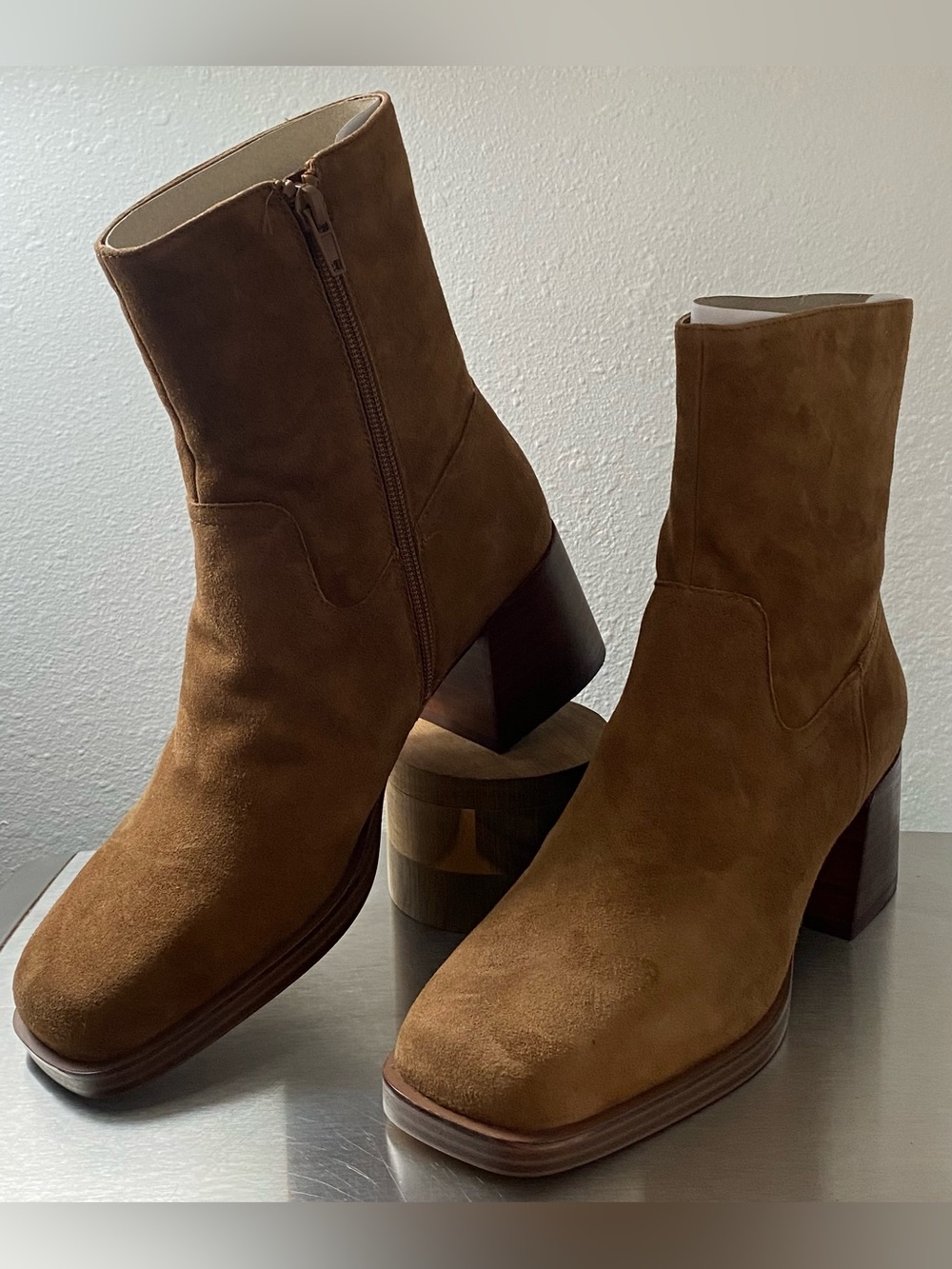 STEVE MADDEN NEW WOMENS LEATHER SUEDE BLOCK HEEL MID CALF ZIP UP BOOTS